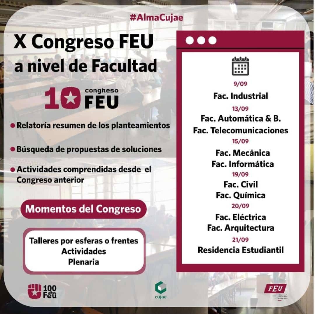 📆 Hoy viernes 9 de septiembre comienzan los Congresos de Facultad en nuestra Universidad 🏛.

¡ Conoce cuándo será el de tu facultad ! #XCongresoFEU ✊

<a href="/AlmaCujae/">Alma Cujae</a> <a href="/FeuCuba/">FEU de Cuba</a>