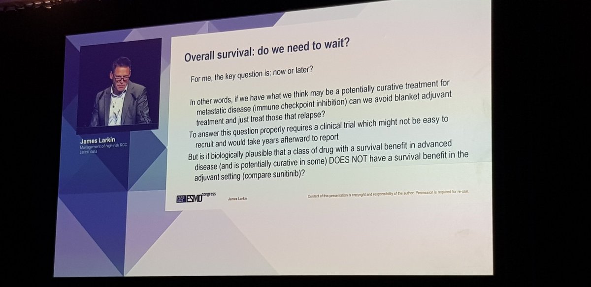 DrCraigGedye's tweet photo. Now or later? The critical question for #adjuvant #immunotherapy in #kidneycancer from #JamesLarkin @IKCCorg @ANZUPtrials #esmo22 https://t.co/tPLfKyKkg5
