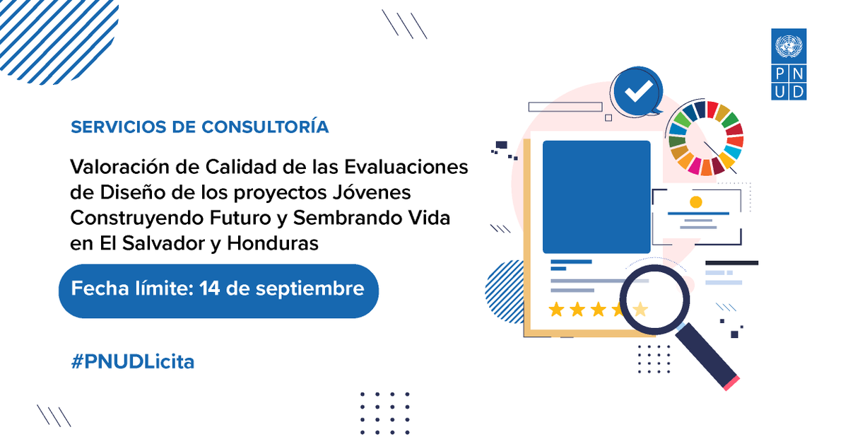 PNUD_Mexico's tweet photo. Buscamos Servicios de consultoría para la valoración de calidad de las evaluaciones de diseño de los proyectos Jóvenes Construyendo Futuro y Sembrando Vida en 🇸🇻y 🇭🇳

⏰14 de septiembre

Convocatoria: https://t.co/gOkkrvLziD
#evaluación #pnudevaluación #CooperacionSurSur https://t.co/Xj1OoEzay8