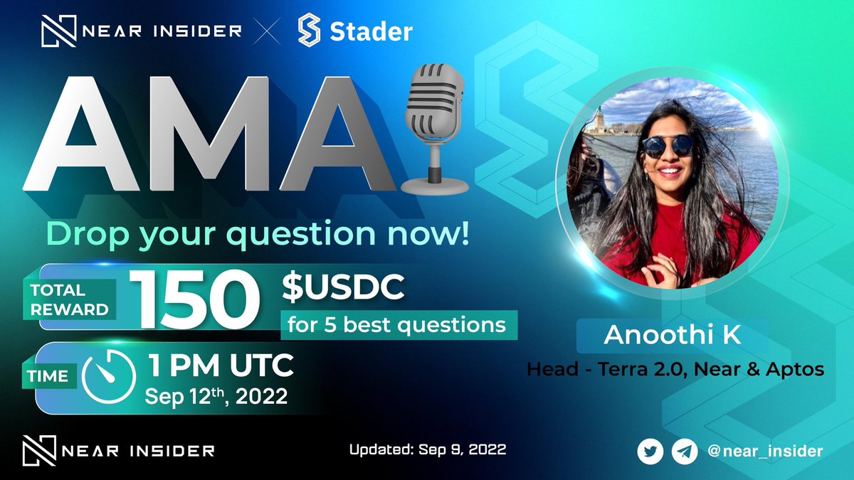 near_insider's tweet photo. #AMA NEAR INSIDER X STADER

⏰ Sep 12th, 1:00PM UTC
🎁 150 $USDC for 5 best questions!

To join:
🔸 Like &amp; RT
🔸 Follow @near_insider &amp; @stader__near
🔸 Ask anything: https://t.co/GTxzTIr1rJ
🔸 Twitter Space: https://t.co/JnfF12C5HW

#NEAR $NEAR https://t.co/J6o5SJsgFC
