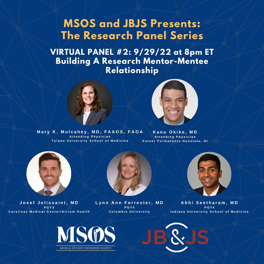 Medical Student Orthopedic Society (@msosortho) on Twitter photo Our next research panel in collaboration with <a href="/jbjs/">J Bone & Joint Surg</a> is coming up! Join us and our incredible panelists on September 29th at 8 PM EST for āBuilding A Research Mentor-Mentee Relationshipā.
Sign up here: forms.gle/rsgpP3xwjnSgDm⦠Our next research panel in collaboration with <a href="/jbjs/">J Bone & Joint Surg</a> is coming up! Join us and our incredible panelists on September 29th at 8 PM EST for āBuilding A Research Mentor-Mentee Relationshipā.
Sign up here: forms.gle/rsgpP3xwjnSgDmā¦
