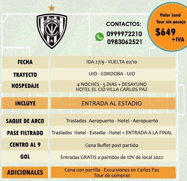 camilin86's tweet photo. TOUR A LA FINAL ÚNICA @IDV_EC vs @SaoPauloFC. Trayecto y precio preferencial pa los pasajes.
Al momento de pagar su tour utilizar el código #camilin para recibir más beneficios. Además confirmar su compra por interno, ingresan a un sorteo.
Info: 0999972210 https://t.co/IfGPTwte17