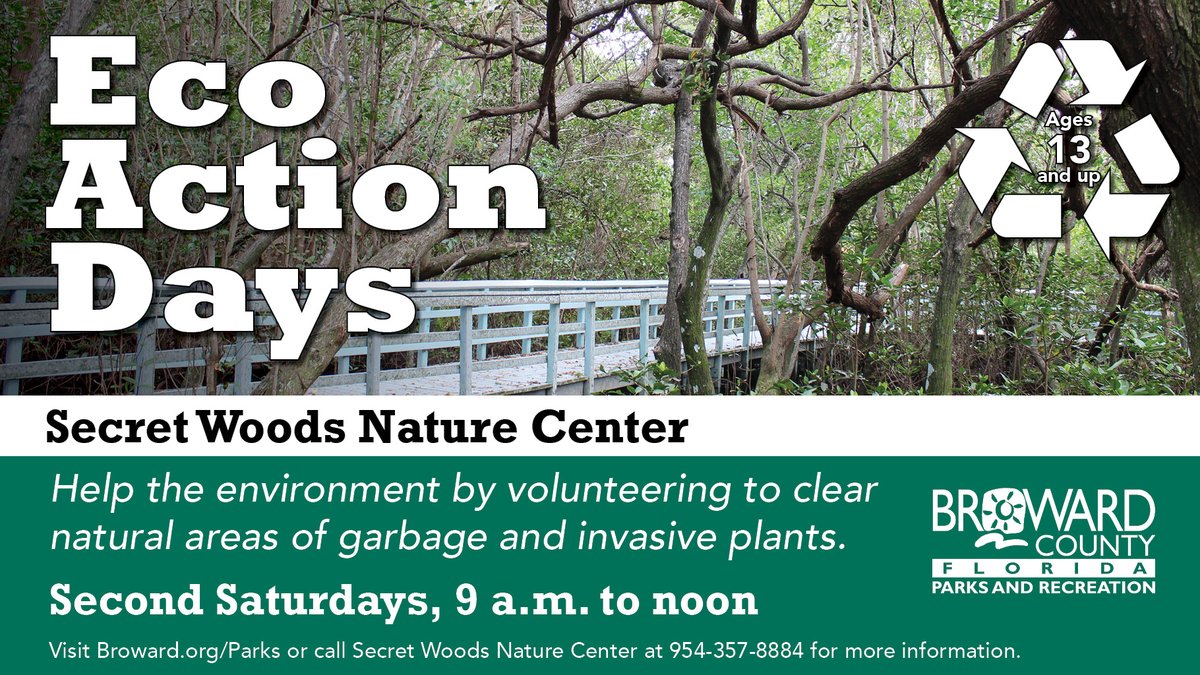 BrowardParks's tweet photo. #EcoActionDays! Earn #CommunityServiceHours this weekend by removing exotic plants and garbage from #SecretWoods this Saturday. Call the park at 954-357-8884 to register. https://t.co/nKn6nbq3TC