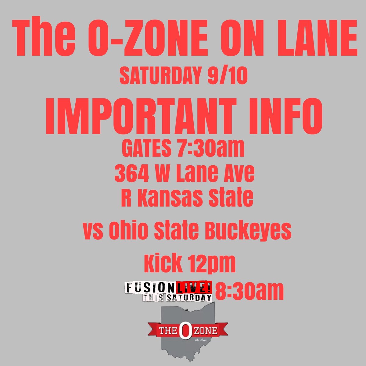 .<a href="/theozoneonlane/">The O-Zone Tailgate</a> info for Sat 9/10 during <a href="/ArkansasState/">Arkansas State</a> &amp; <a href="/OhioStateFB/">Ohio State Football</a>