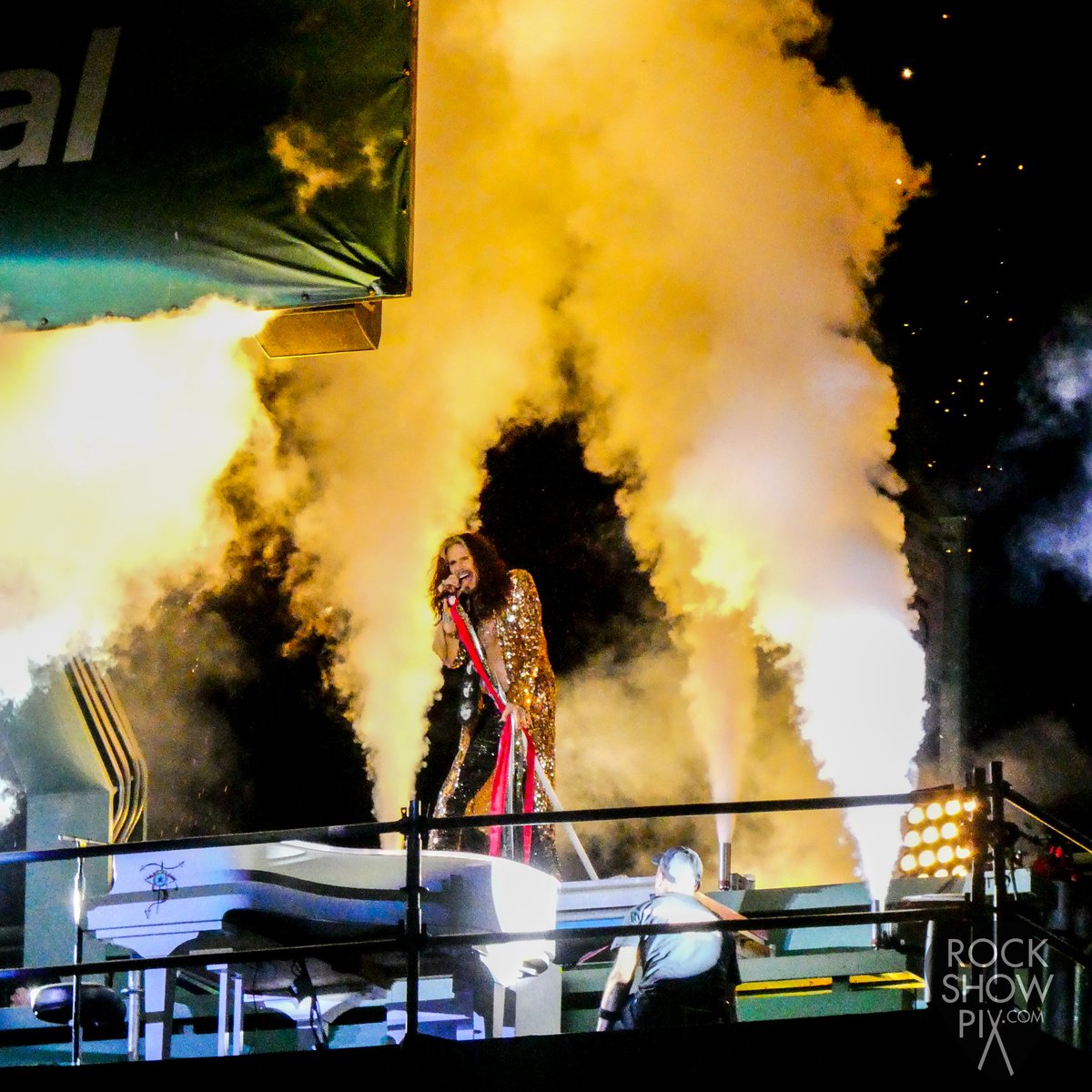 Lots of bands have played <a href="/fenwaypark/">Fenway Park</a> but <a href="/IamStevenT/">Steven Tyler</a> of <a href="/Aerosmith/">Aerosmith</a> ontop the #greenmonster ontop of a #piano with #fireworks #wins #50years #Boston #aerosmith #rocknroll