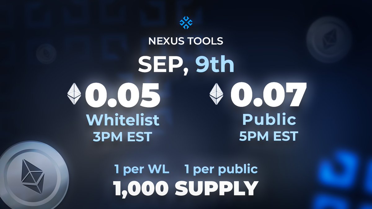 🎉 MINT DAY 🎉

👇OFFICIAL LINKS 👇
🔗 Mint Page + WL Checker: mint.nexustools.io
🔗 Etherscan: etherscan.io/address/0xe273…
🔗 X2Y2: x2y2.io/collection/nex…

✅ WL Phase (0.05e) @ 3 PM EST
✅ Public Phase (0.07e) @ 5 PM EST
✅ 1 per WL and 1 per public

🚨 WL is over-allocated