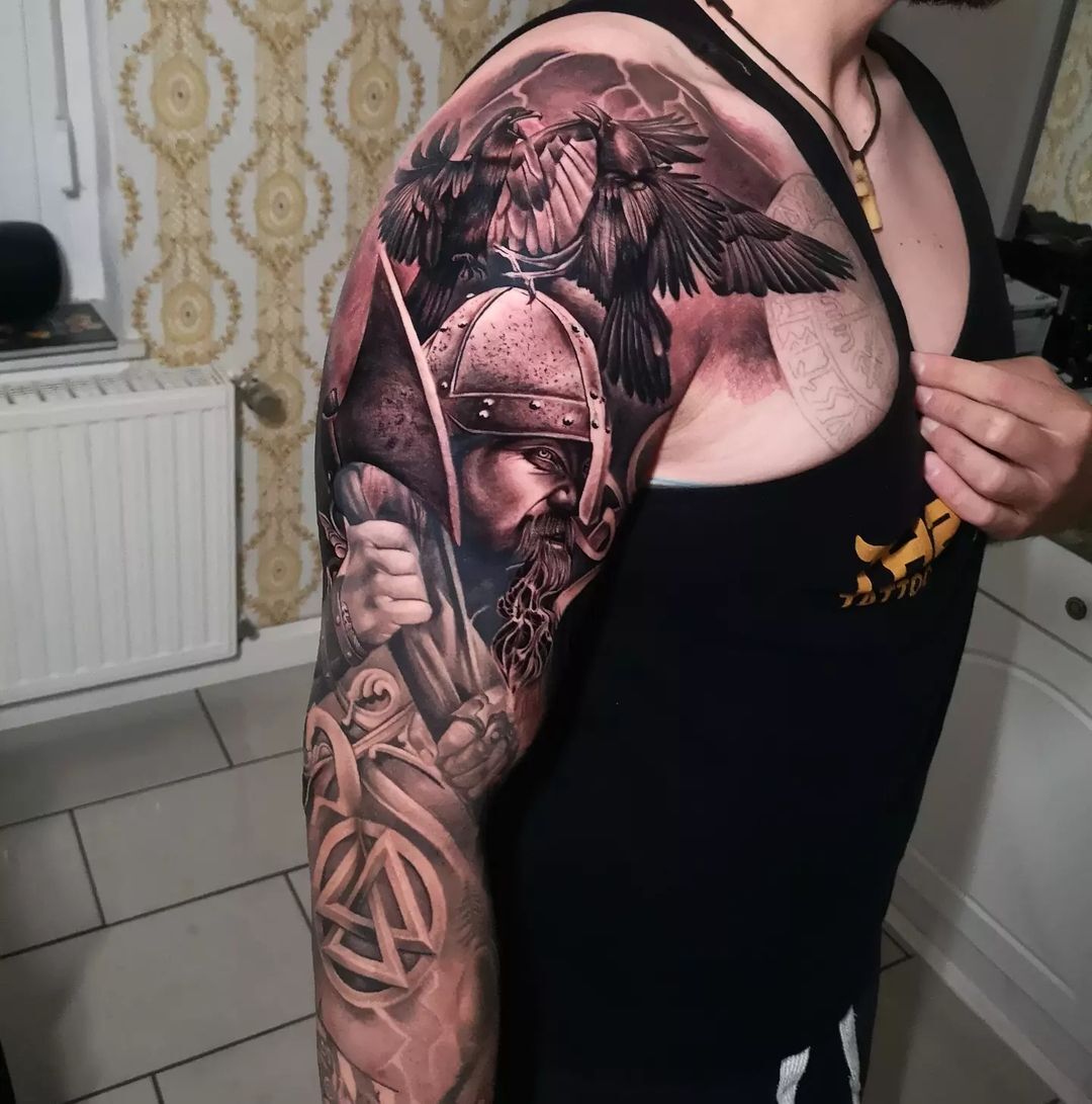 #Viking #sleeve from Chris Schmidt using #killerinktattoo supplies! 

#killerink #tattoo #tattoos #bodyart #ink #tattooartist #tattooink #tattooart #vikingtattoo #blackandgreytattoo #blackandgrey #vikingsleeve