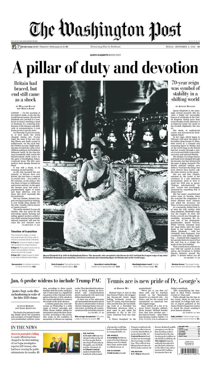 Today's front page for <a href="/washingtonpost/">The Washington Post</a>, <a href="/wapodesign/">Washington Post Design</a>: "A pillar of duty and devotion."