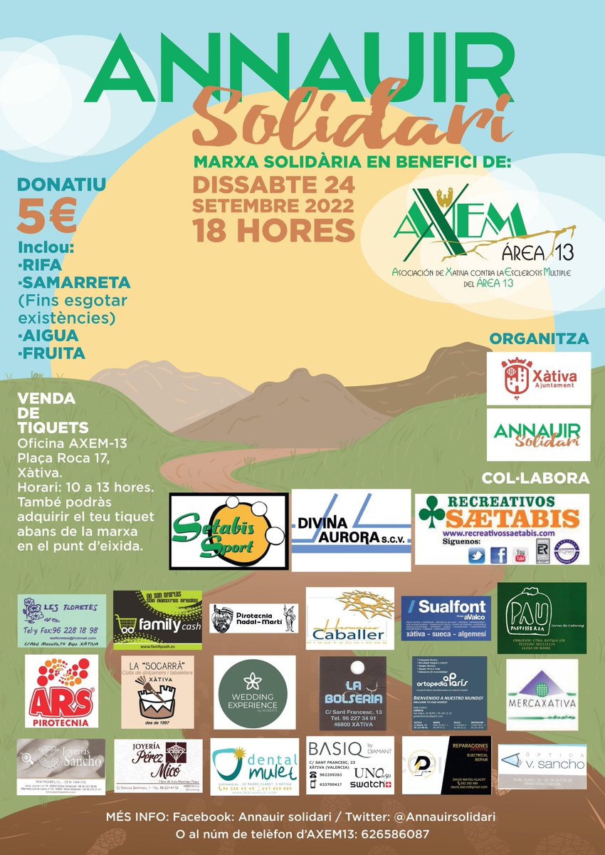Cartel anunciador de la 6ª edición de la Marcha
<a href="/annauirsolidari/">Annauirsolidari</a> se celebrará,Sábado 24 de septiembre a las 18 h, animaros a participar, por tan solo 5€ colaboraremos en la investigación de la Esclerosis Múltiple,disfrutaremos de una tarde divertida, disfrutando de la naturaleza