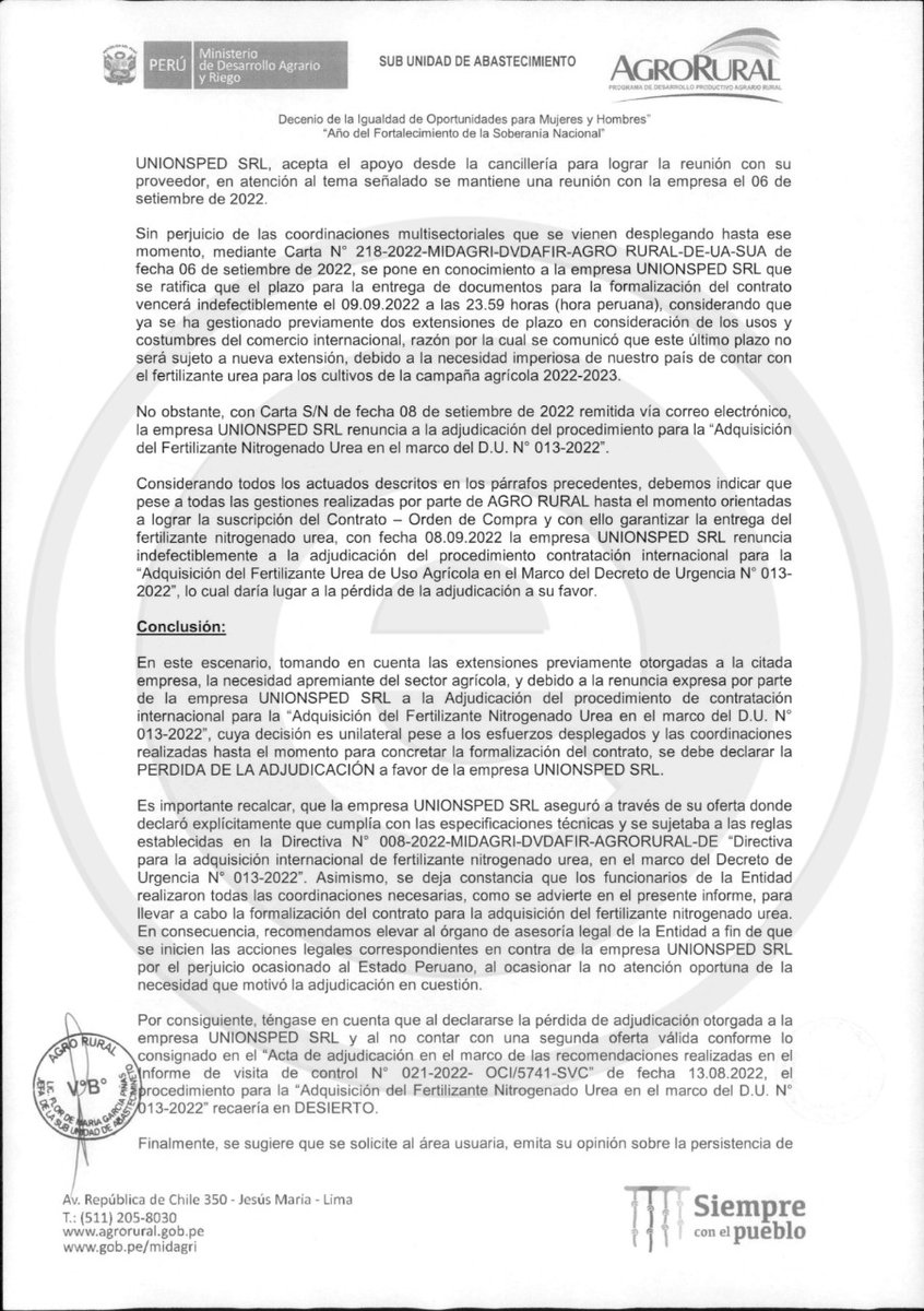 Epicentro_TV's tweet photo. 🔴 #LoÚltimo |  Esta es la carta de renuncia de Unionspread la empresa a quien se le había adjudicado el contrato de compra de 62 mil toneladas de fertilizantes. Midagri declaró la Pérdida de la Adjudicación. No habrá fertilizantes para la campaña agrícola! https://t.co/5VRGWABe9u