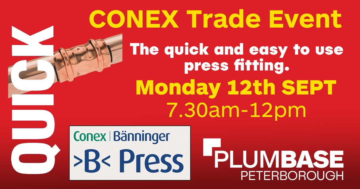 plumbaseuk's tweet photo. IBP CONEX are discussing the benefits of their copper B-press fittings at PLUMBASE Peterborough Monday 12th Sept 7.30am-12pm. Snacks will be available! #Plumbing #Copper #Fittings https://t.co/aAL7hN1o18