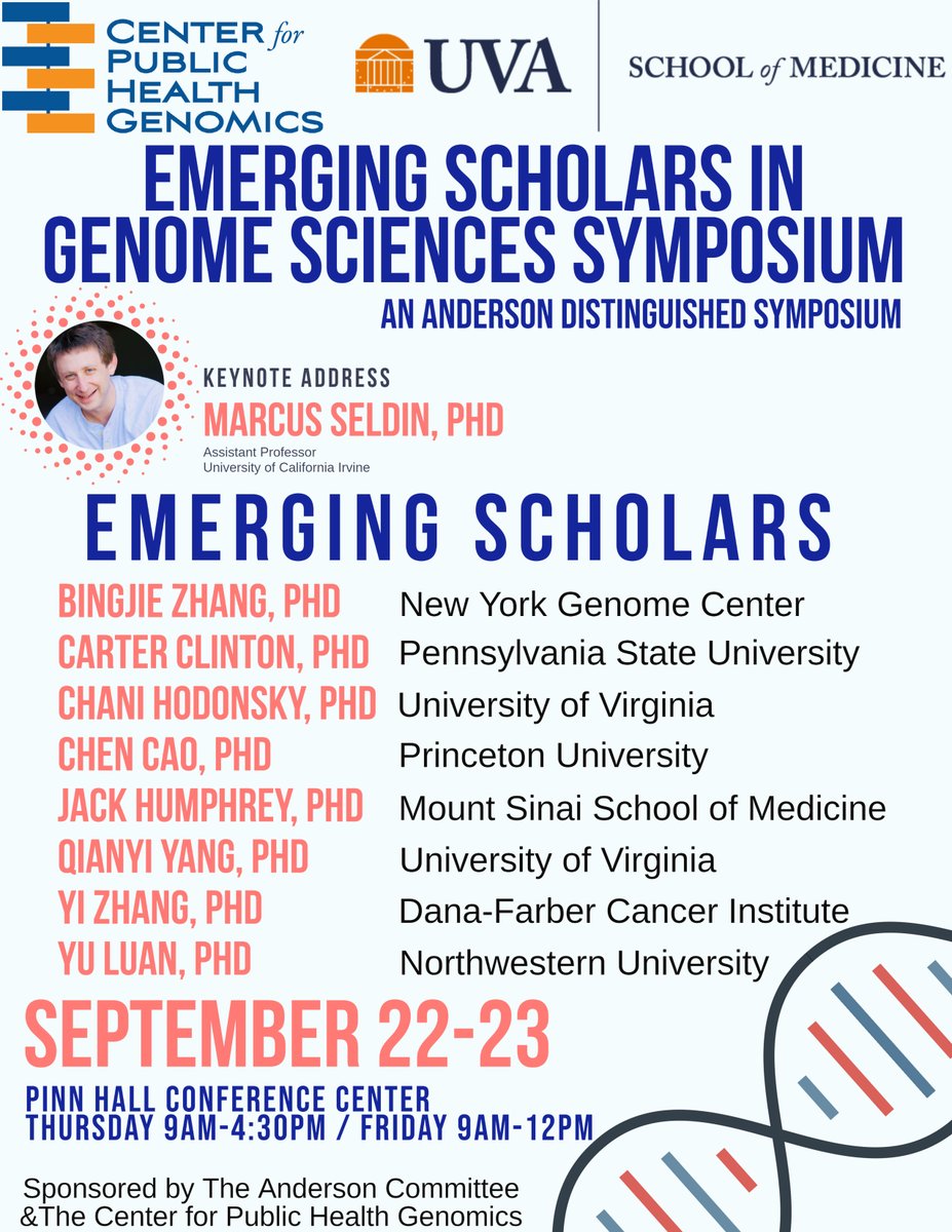 UVACPHG's tweet photo. Announcing the 3rd Annual Emerging Scholars in Genome Sciences Symposium hosted by the Center for Public Health Genomics, sponsored by the Anderson Symposium Committee!
This year’s Symposium will be in-person on Sept 22-23 at UVA. The detailed program will be announced soon. https://t.co/mRQSKKOwTH