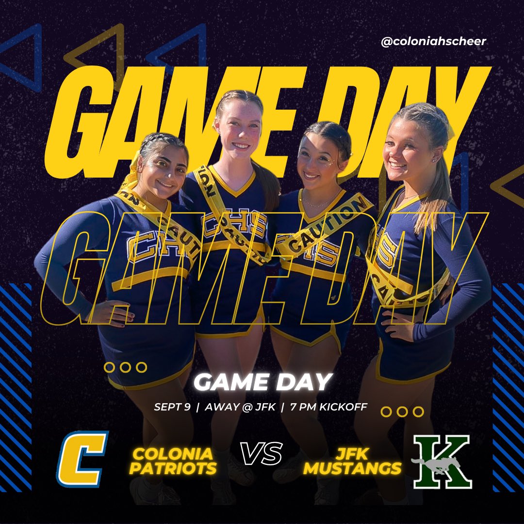 coloniahscheer's tweet photo. It’s game day &amp; first away game of the season! 🏈
Colonia vs. JFK | 7PM
Away at JFK

Come out to support cheer, football, &amp; band!

Wear red, white, and blue as we honor the 21st anniversary of 9/11 🇺🇸 https://t.co/jWLiWQXlS8