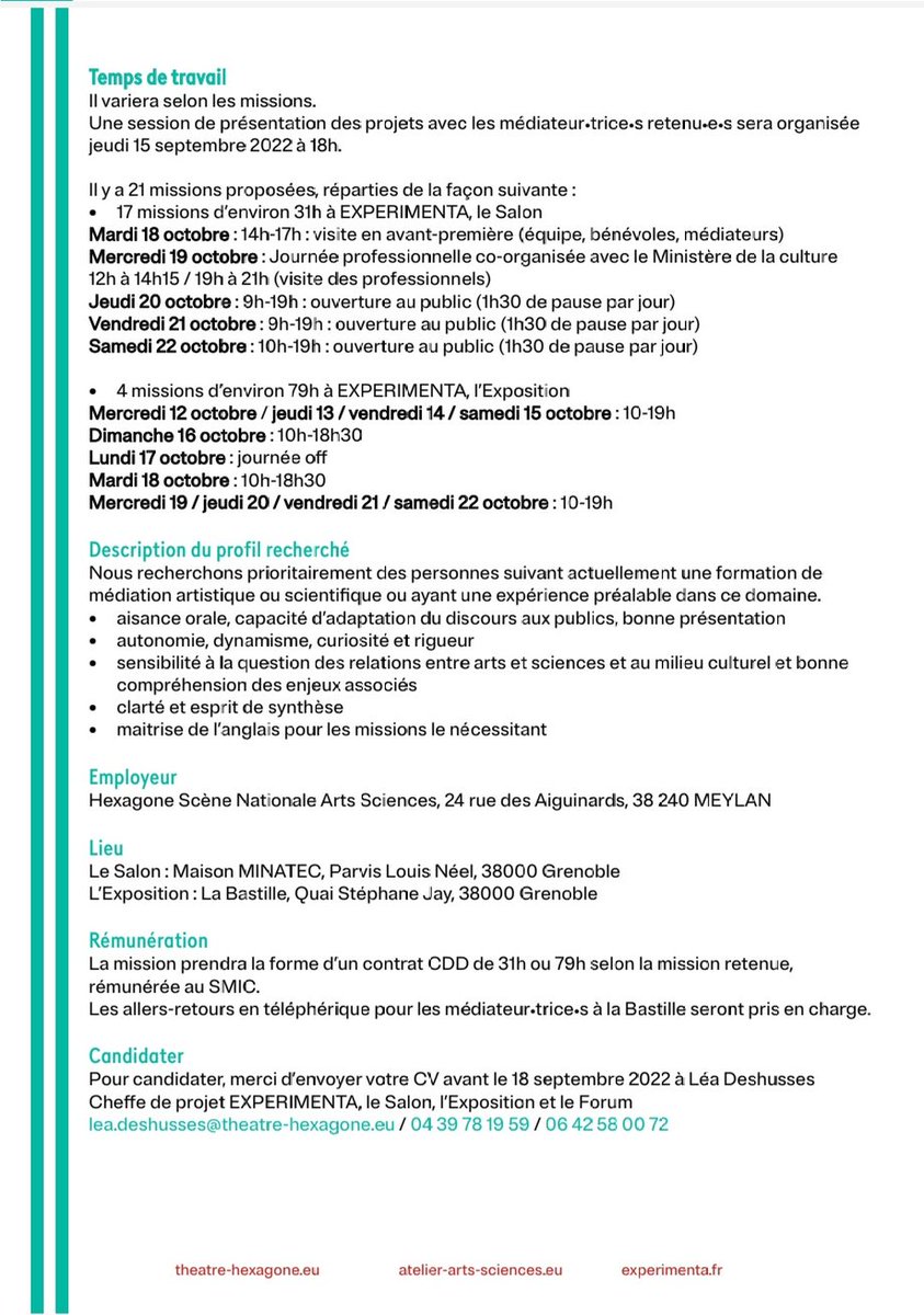 🗓Vous êtes disponible du 12 au 22 octobre 2022 ? 

📣EXPERIMENTA, la Biennale 2022 recrute encore des médiateurs et médiatrices ! 

#XPA22
<a href="/hexagone_meylan/">HEXAGONE MEYLAN</a> <a href="/AtelierArtSci/">Atelier ArtsSciences</a>