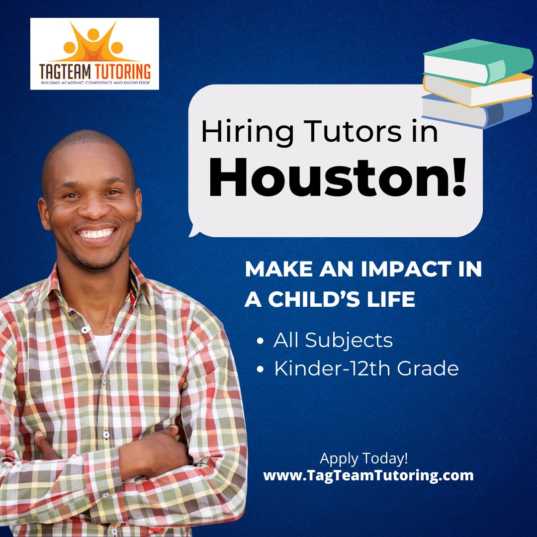 TagTeamTutoring's tweet photo. We’re Hiring Tutors In Houston!
Make An Impact In A Child’s Life!
✅All Subjects
✅Kinder-12th 
Apply Today https://t.co/Qy9MX2YDNN #tagteam #tagteamtutoring #tutor #tutors #houstontutors #houston #texas #math #reading https://t.co/XNp0fZ8XHt