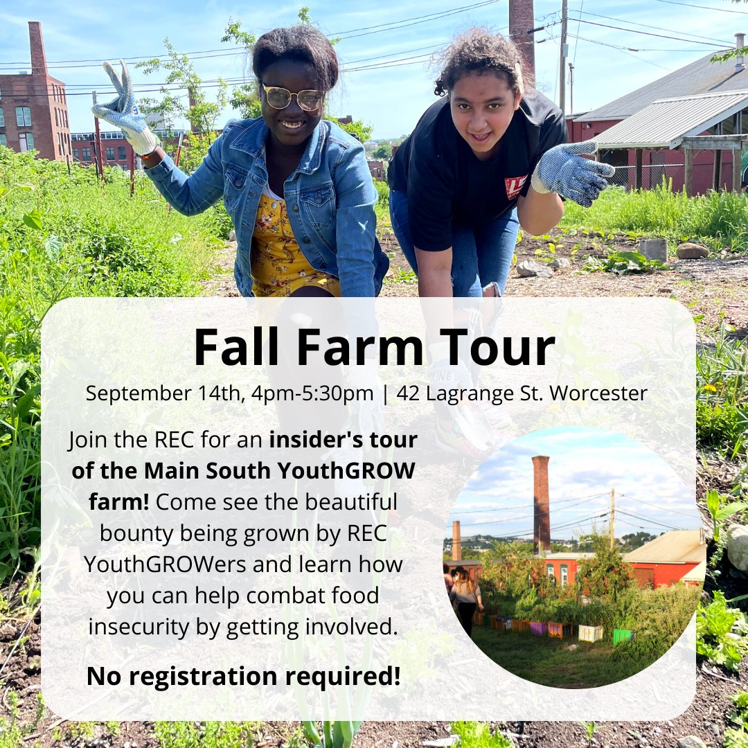 RECWorcester's tweet photo. REC Fall Farm Tour happening next Wednesday, 4-5:30pm at the YouthGROW farm (42 Lagrange St., Worcester MA)! No registration required. 🍂 https://t.co/0kTNtAGC4c