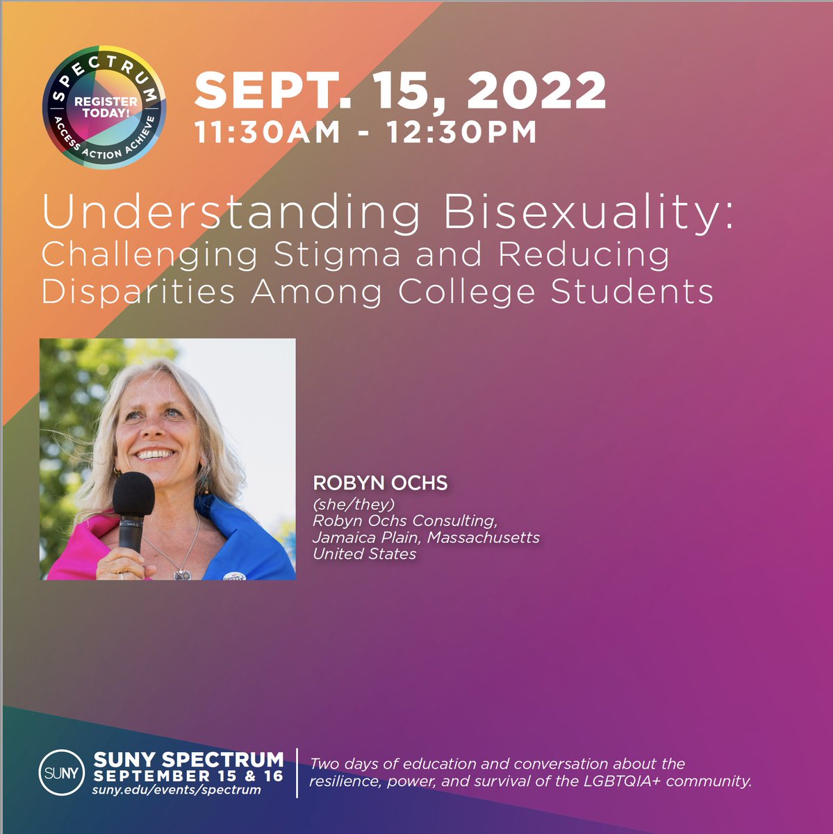 robynochs's tweet photo. I'm speaking (in person!) at #SUNYSpectrum conference in NYC. I'll be presenting on "Understanding #Bisexuality: Challenging Stigma & Reducing Disparities Among College Students." I'm a #SUNY grad, & really looking forward to this conf. It's a hybrid conference. Join us? https://t.co/VAg4eeNFT7