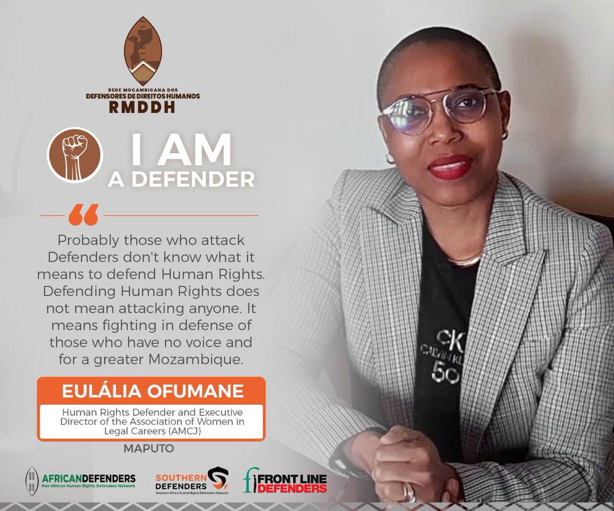 RMDDH_Moz's tweet photo. In this week's #IamADefender rubric, Eulália Ofumane, Human Rights Defender and and Executive Director of the Mozambican Association of Women in Legal Careers (@ammcjmoz ), shares her reflections on the defense of Human Rights in Mozambique🇲🇿.
#MozambiqueDefenders
#RMDDH https://t.co/4WOy1hvXoE