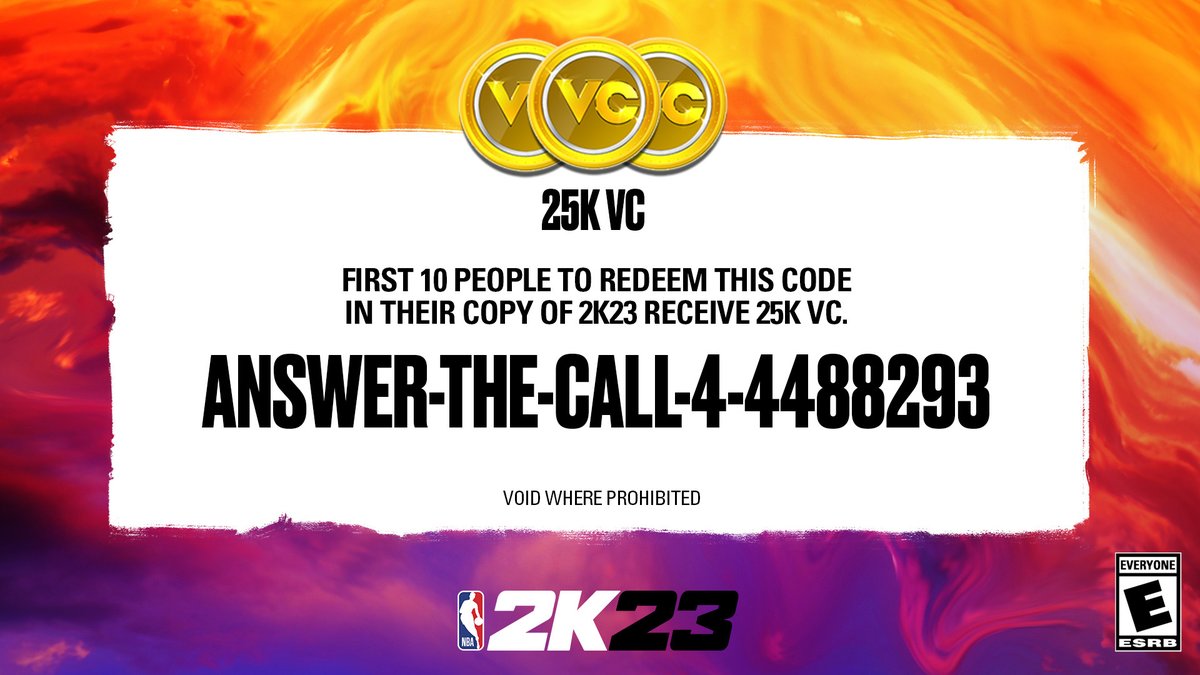 2K's tweet photo. Done! Hurry up &amp; grab it 🏃‍♂️💨

#2KDay VC Locker Code. First 10 people to redeem this code in their copy of 2K23 receive 25K VC. Void where prohibited https://t.co/NDUb7fqqmZ