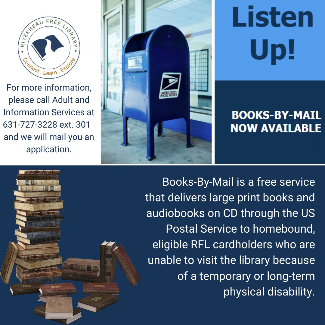RivFreeLibrary's tweet image. Do you have trouble physically getting to the library? We do Books-By-Mail as a free service to homebound patrons with Riverhead Free Library cards. Call the Reference Desk for more information and to request that an application be mailed to you. 

#booksbymail #libraryaccess