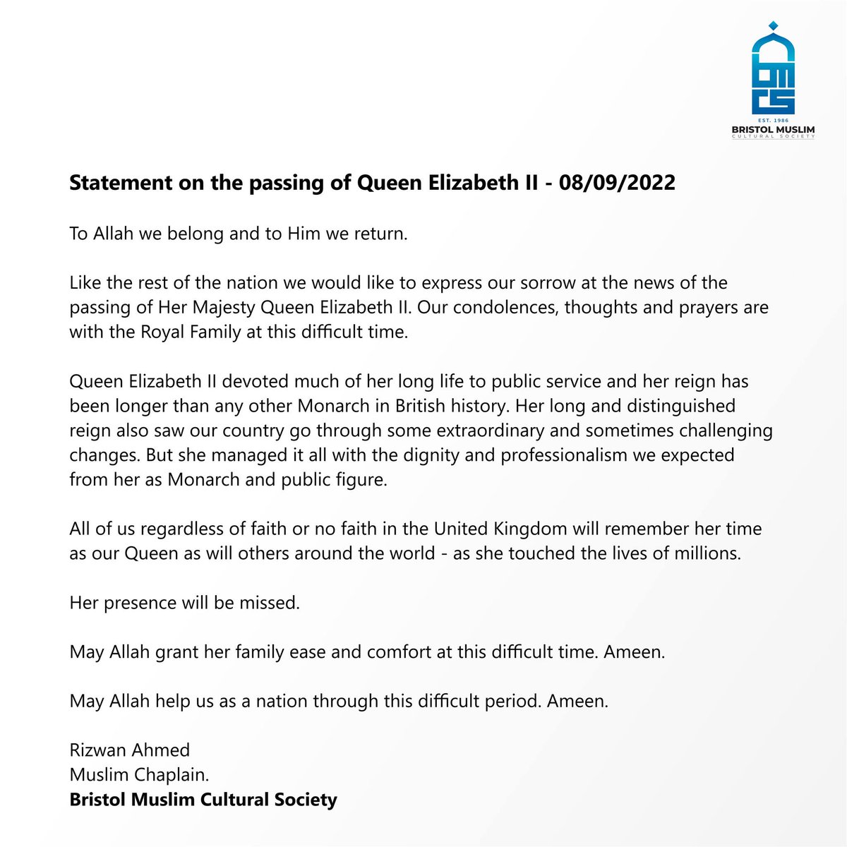 Statement on the passing of Queen Elizabeth II - 08/09/2022