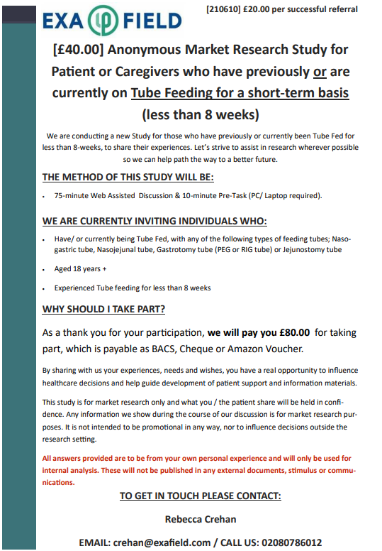 Good afternoon all,
We have 2 spaces left available &amp; offering £15.00 per successful referral. Please kindly share to anyone you may know suitable.
Many thanks.
#tubefeeding #tube #marketresearch #NHS #private #PEGtube #RIGtube #gastrostomytube #nasojejunaltube