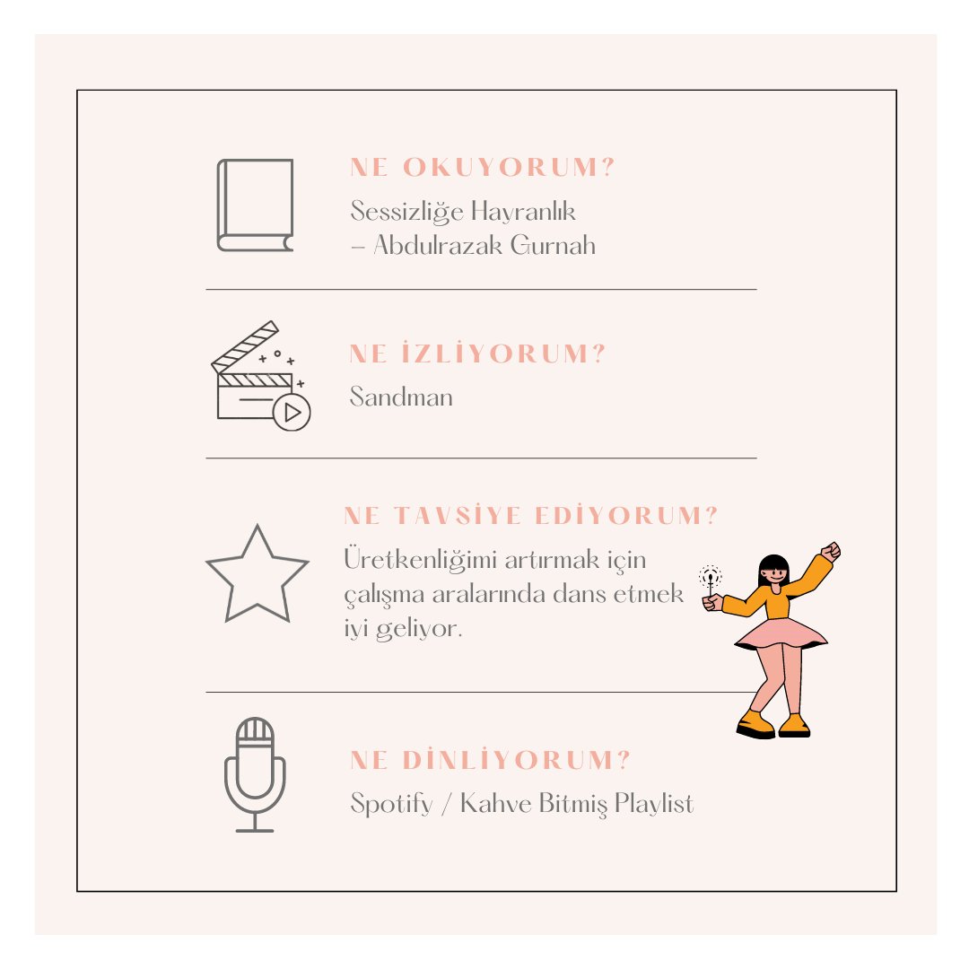 CommunityMngmnt's tweet photo. Bu haftanın önerileri @egzoyldz'dan! 🥳

Community Management topluluğuna geçtiğimiz ay katılan Özge, Wiser Media'da marketing ve topluluk süreçleriyle ilgileniyor 👩‍💻

Senin haftan nasıl geçti? 
Deneyimlerini dinlemek için Slack'e bekliyoruz✨

https://t.co/EUYMasHXPD https://t.co/KXkG9bBezc