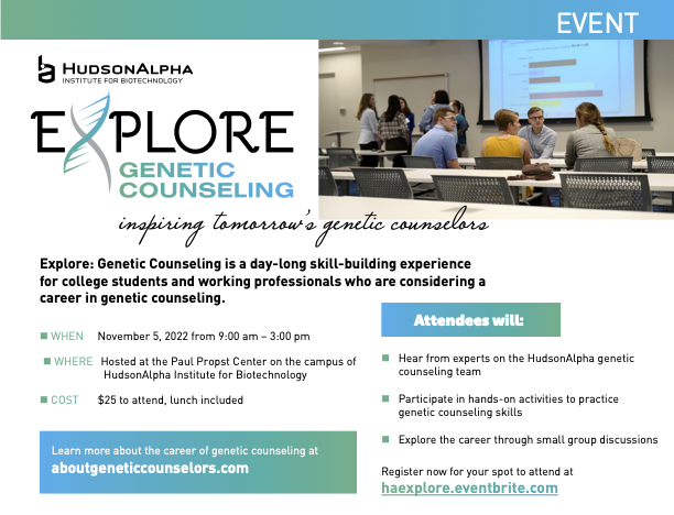 Prospective Genetic Counselors: my team at <a href="/hudsonalpha/">HudsonAlpha</a> is hosting an in-person, day-long GC exploration and skill-building event in November on our campus in Huntsville, AL. Please share with any interested individuals! Only 7 slots remaining! #GeneChat …ploregeneticcounseling.eventbrite.com