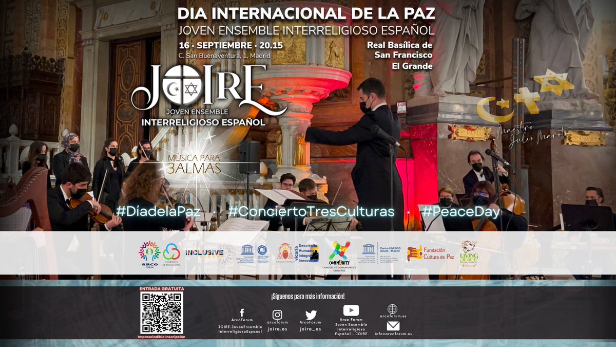 joire_es's tweet photo. ¡Vuelve JOIRE! El viernes 16 de septiembre el Joven Ensemble Interreligioso Español lleva de nuevo su 'Música para Tres Almas' a la Basílica San Francisco el Grande con motivo del Día Internacional de la Paz.🕊Os invitamos a disfrutar de la convivencia a través de la música.🎶🙏 https://t.co/v7vTv3DAQM