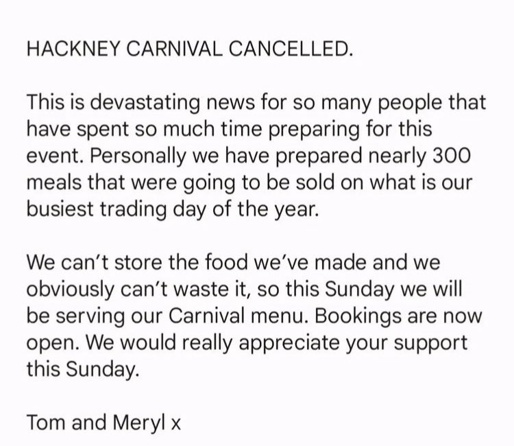 jayrayner1's tweet photo. While I get the decisions to cancel events, such choices are not without consequences. The @dukeofrichmond_ pub has a fabulous Jamaican menu by @FowlMouthsFood for the Hackney Fest (see below), now scrapped. They’d bought huge amounts of food which mustn’t be wasted. please go https://t.co/J0J8X0NTSr