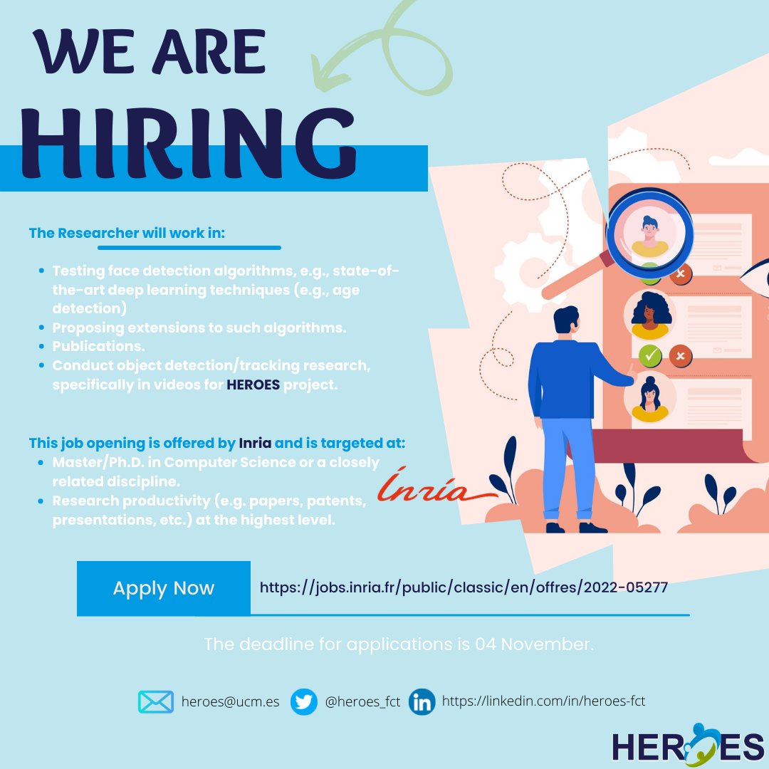 heroes_fct's tweet photo. 📣We invite applications for a #researcher with a Masters/Ph.D. in Computer Science or a closely related discipline for a fixed-term  #contract for a full-time position.📣
✅The successful applicant will #work on the #HEROESProject.
🔗https://t.co/cDxHtiRFuf
@Inria @EU_Commission https://t.co/H5sLtr5vtL