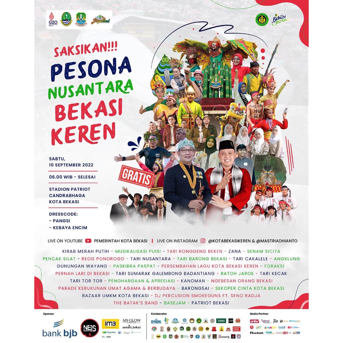 mas_triadhianto's tweet photo. Besok, saya mengajak warga Kota Bekasi untuk Datang dan Saksikan Pesona Nusantara Bekasi Keren

Sabtu, 10 September 2022
06.00 WIB - Selesai
di Stadion Patriot Candrabhaga

GRATISSSS! https://t.co/BIGyb60RT4