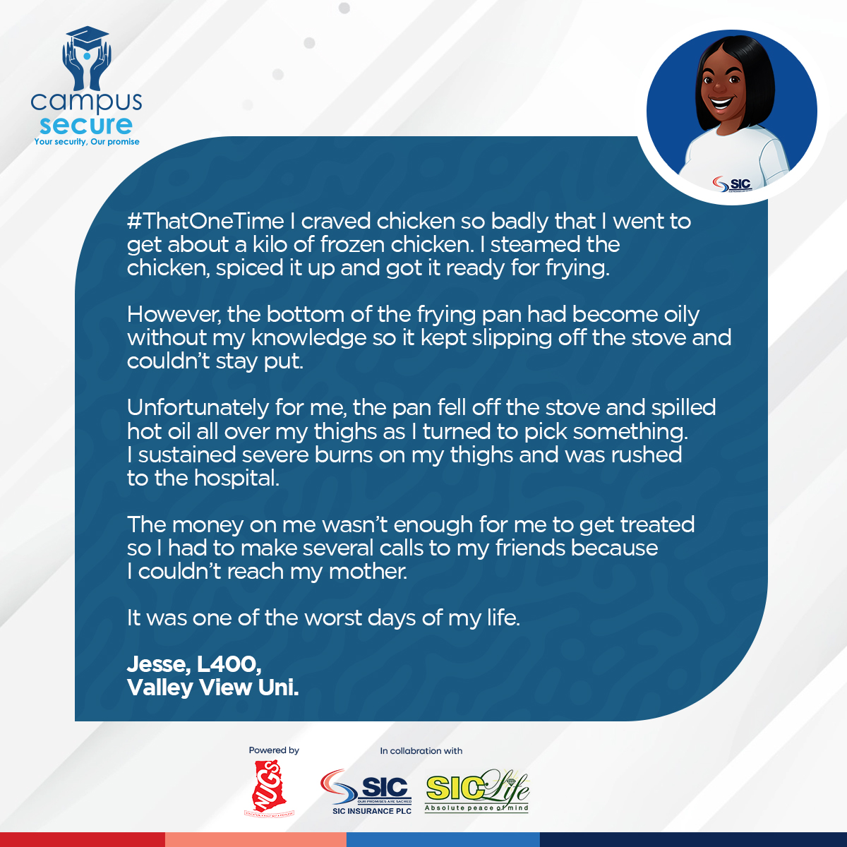 Campus_Secure_'s tweet image. Sometimes, we overlook things simply because we think we are in control, but all it takes is a second for everything to go haywire. Jesse from Valley View Uni shares her tragic story on today's #ThatOneTime.
#FutureSecured