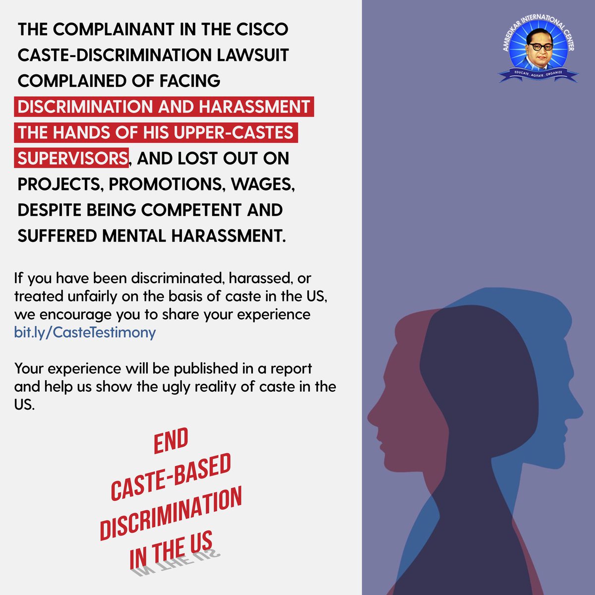 ambedkar_center's tweet photo. We are collecting testimonies and experiences of discrimination, exclusion, and harassment on the basis of caste in the US.
Share your testimony here https://t.co/LzRgZIBLp3
#CasteOutCaste #CasteInUs https://t.co/RF1ZHVAQEb