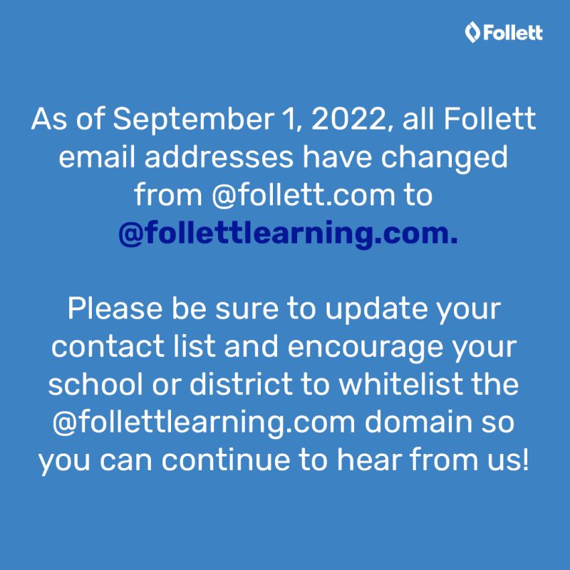 FollettSoftware's tweet photo. ATTENTION! Please see below. We apologize for any inconvenience. Visit our Contact Us page at https://t.co/AQBAdENZAr for the most up-to-date contact info. If you have questions, reach out to our Tech Support team: 888.511.5114, option 2, or email techsupport@follettlearning.com. https://t.co/HFmhVPLKa6