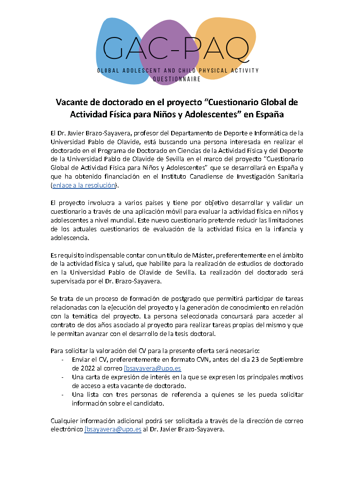 🎓 Estamos buscando una persona con interés en desarrollar una tesis doctoral en el ámbito de la actividad física en la infancia y adolescencia

Podría acceder a un contrato predoctoral en el proyecto financiado por el <a href="/CIHR_IRSC/">CIHR</a> bit.ly/3xbGUgF

Más información 👇👇👇👇