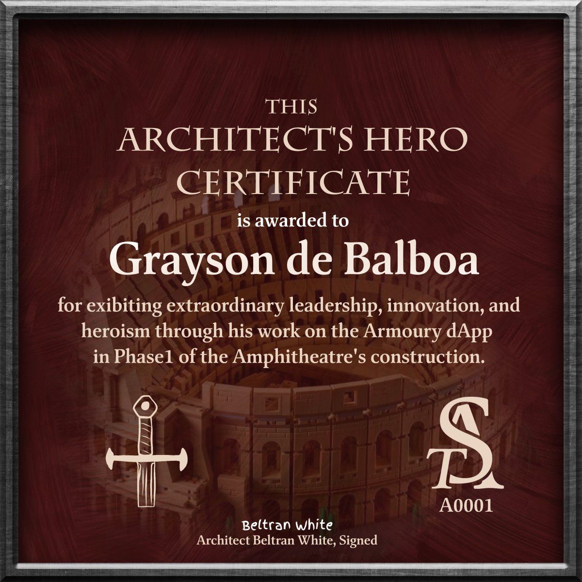 MaesterMars's tweet photo. Let it be known that on this day Architect of the Amphitheatre has bestowed the great honor of Architect`s hero to the honorable Grayson De Balboa @happapus for his incredible contributions.
This will forever be recorded in the Maester`s annals
@the_ape_society #amphitheatre https://t.co/AuWjEfd1Dg