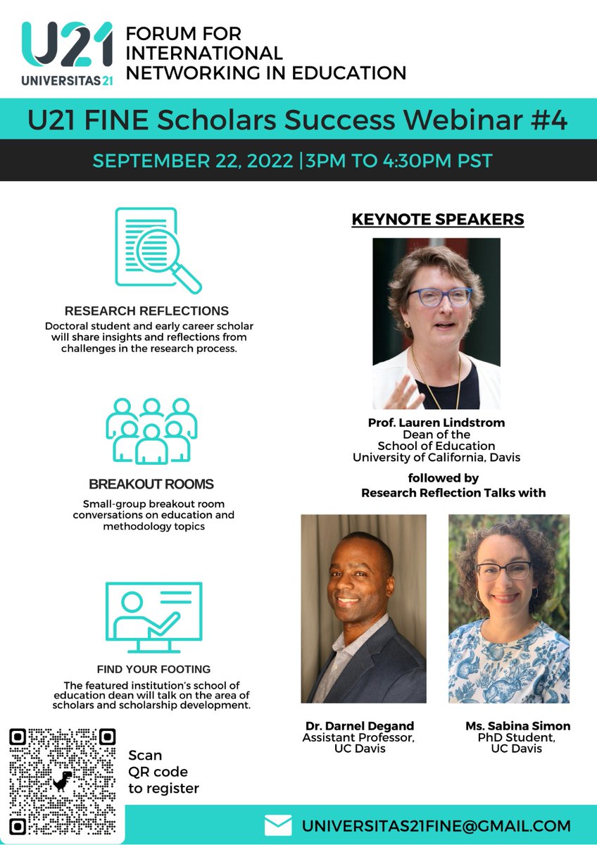 You are cordially invited to #U21FINE Scholars Success #WebinarSeries #4 Featuring University of California (UC) Davis. Joining us will be the distinguished Dean of the School of Education <a href="/UCDavis/">UC Davis</a> Prof. Lauren Lindstrom, Dr. Darnel Degand and Ph.D Student Ms. Sabina Simon 💯🎓😃