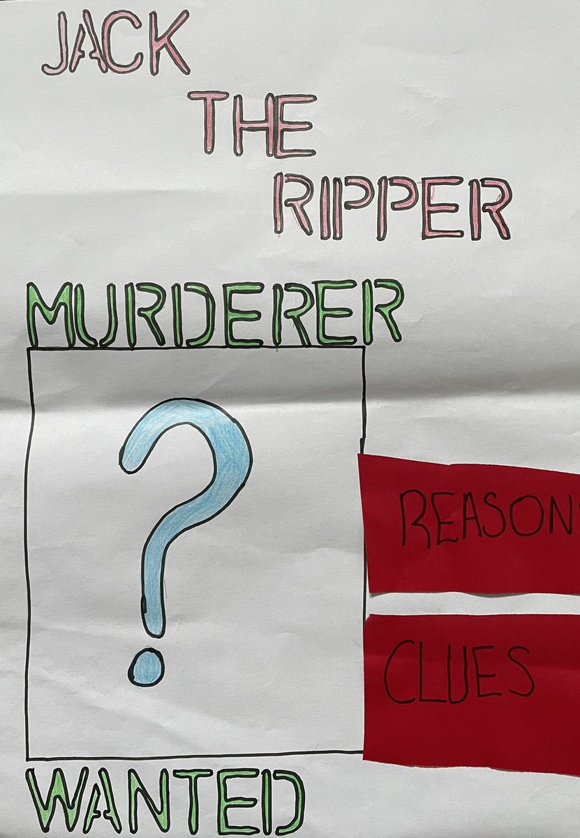 MissBowman5's tweet photo. Great examples from S2 Horrible Histories elective of wanted posters based on learning about Jack the Ripper! @STASocSub  @StThomasAqSec https://t.co/eJydzNTmyC