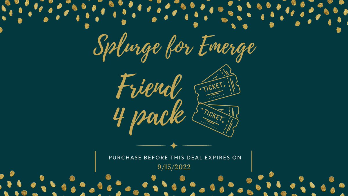 toEmerge's tweet photo. Have you purchased your Friend 4 Pack for our annual Splurge for Emerge fundraiser yet? This deal is not only a great excuse to grab some friends &amp; enjoy a night out, it supports the incredible mom-led families of EMA. To purchase, visit: https://t.co/o7GCcumhoz https://t.co/fH189cpP6i