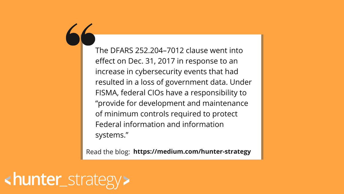 Working as a defense contractor? 
Our most recent article explains important information about the DFARS 252.204–7012 clause and outlines other areas corporations struggle with.

Read here: medium.com/hunter-strateg…

#cybersecurity #infosec #hunterstrategy