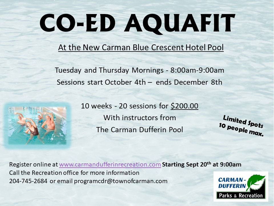 CarmanMB's tweet photo. REMINDER - Co-Ed Aquafit is Back! Sign up tomorrow Tuesday Sept 20th at 9:00am. Don't delay, it fills up fast! #aquafit #carmandufferin #fillsupfast https://t.co/faO6EUDGaH