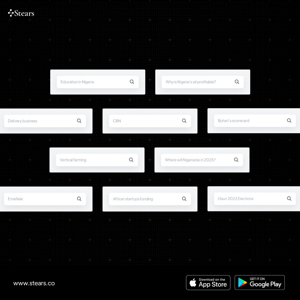 We’re pleased to let you know that search is now available everywhere on Stears — on the mobile app &amp; website! 🚀

You can now swiftly explore our library of almost 2000 data-driven stories across topics, sectors and industries in Africa, so search on: stears.co/search
