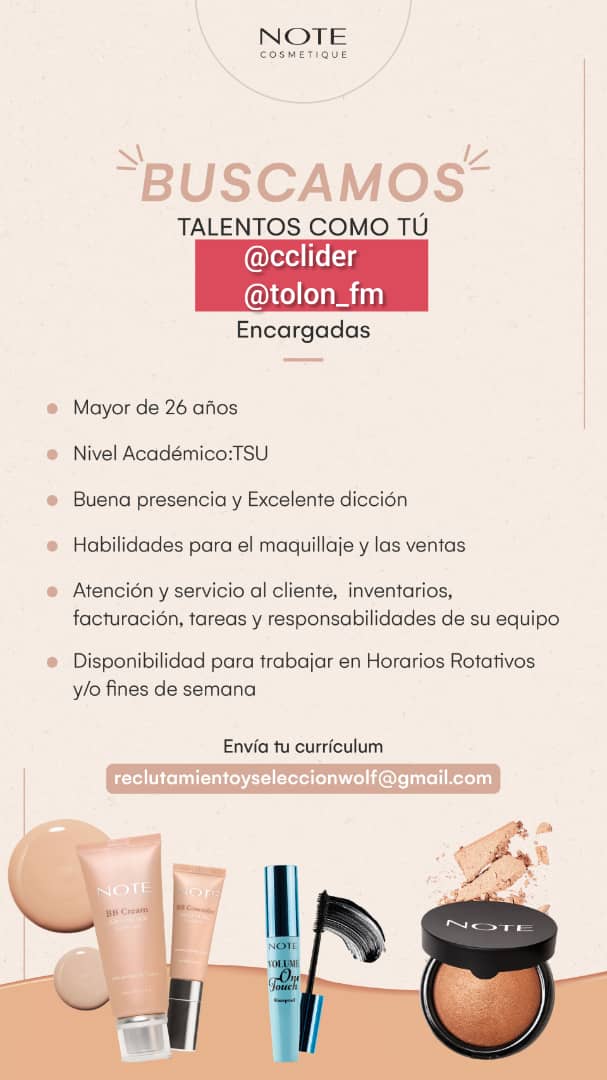 Únete al equipo NOTE en @cclider y <a href="/tolon_FM/">Tolón</a>
 #NoteCosmetiqueVenezuela #MaquillajeProfesional