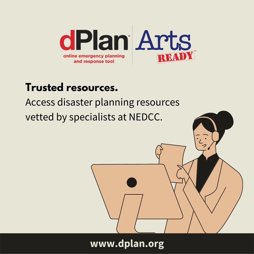 The newly launched dPlan|ArtsReady tool guides you through steps of creating elements of your performing arts org’s emergency plan. Request a free year of access bit.ly/dplanartsready Begin your plan today by visiting dplan.org. #EmergencyPreparedness <a href="/NEDCCInfo/">NEDCC | Northeast Document Conservation Center</a>