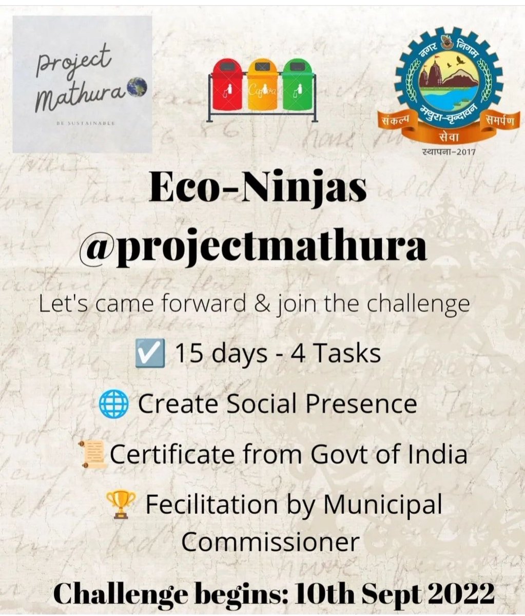 NVrindavan's tweet photo. Eco Ninja challenges
@projectmathura एवं @NVrindavan द्वारा प्रतियोगिता का आयोजन किया जा रहा है आप सभी नागरिक सादर आमंत्रित है।
प्रतियोगिता में 4 कार्य करने है। सभी कार्यों को पूरा करने वाले प्रतिभागी को टास्क वाइज विजेताओं को विशेष सम्मान दिया जाएगा।
#wastesegregationatsource https://t.co/WP3m5GWt88