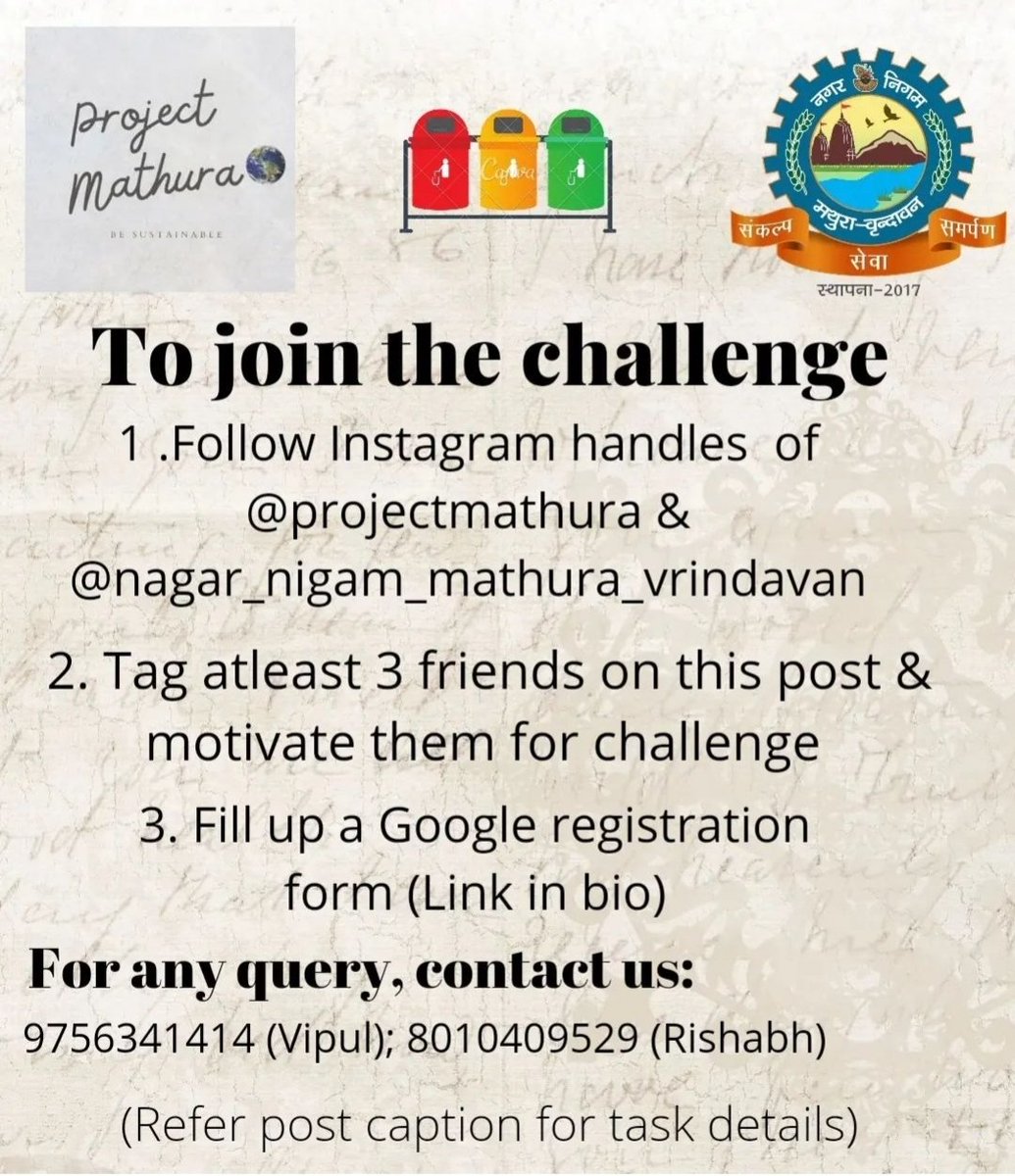NVrindavan's tweet photo. Eco Ninja challenges
@projectmathura एवं @NVrindavan द्वारा प्रतियोगिता का आयोजन किया जा रहा है आप सभी नागरिक सादर आमंत्रित है।
प्रतियोगिता में 4 कार्य करने है। सभी कार्यों को पूरा करने वाले प्रतिभागी को टास्क वाइज विजेताओं को विशेष सम्मान दिया जाएगा।
#wastesegregationatsource https://t.co/WP3m5GWt88