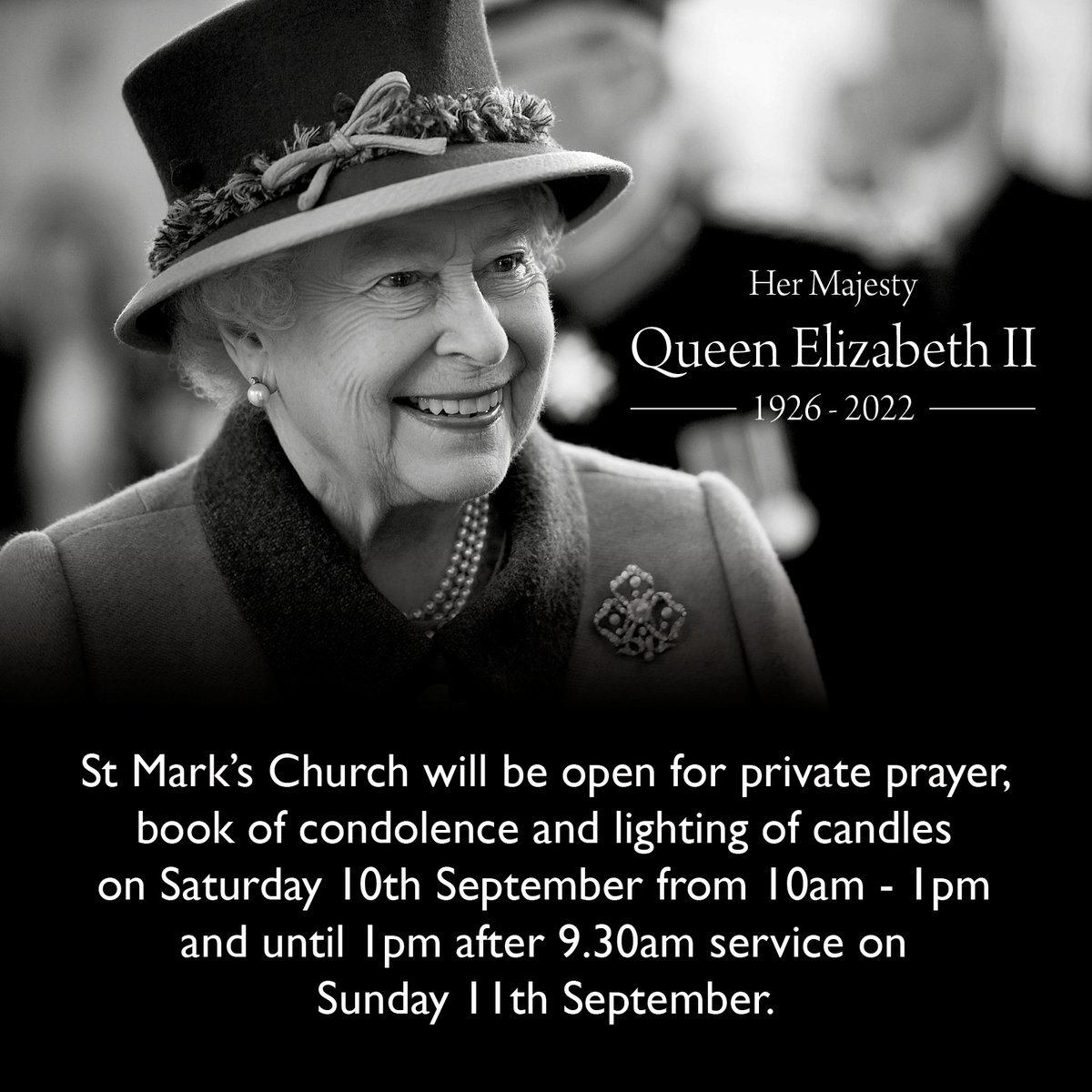 StMarksExeter's tweet photo. St Mark’s Church will be open for private prayer, book of condolence and lighting of candles on Saturday 10th September from 10am - 1pm and until 1pm after 9.30am service on Sunday 11th September. https://t.co/1VjJ7akkLp