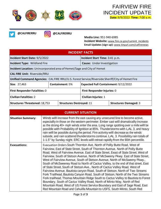 CALFIRERRU's tweet image. Fairview Fire Morning Incident Update 9/9/22 
conta.cc/3qxfz4N
conta.cc/3eweZ4B