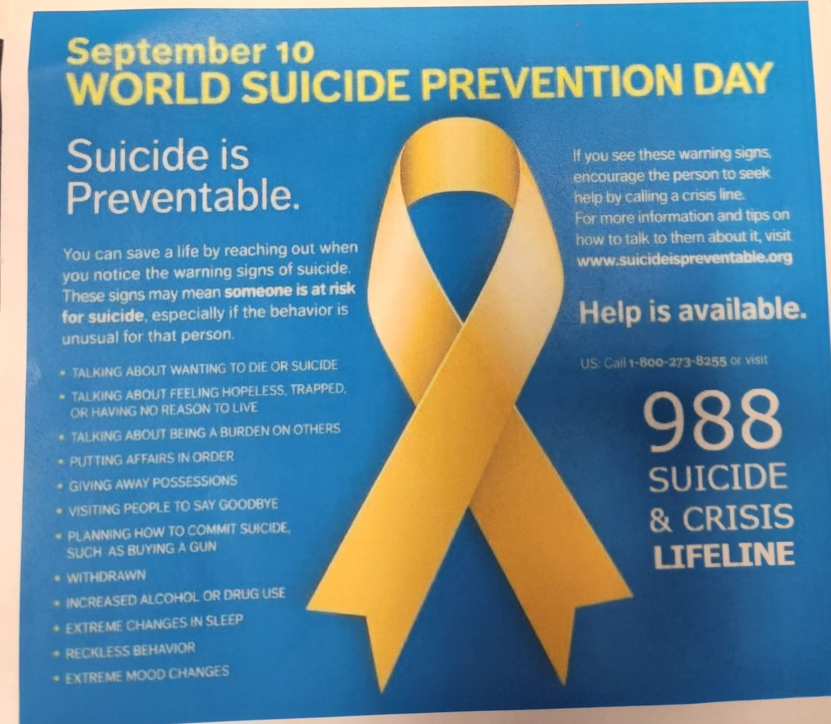 September 10th is World Suicide Prevention Day ❤️ Know the Signs to Look For #988 #CHSCounselors #SuicideCrisisLifeline #CounselorsCare #IfYouThinkNobodyCaresThinkAgain